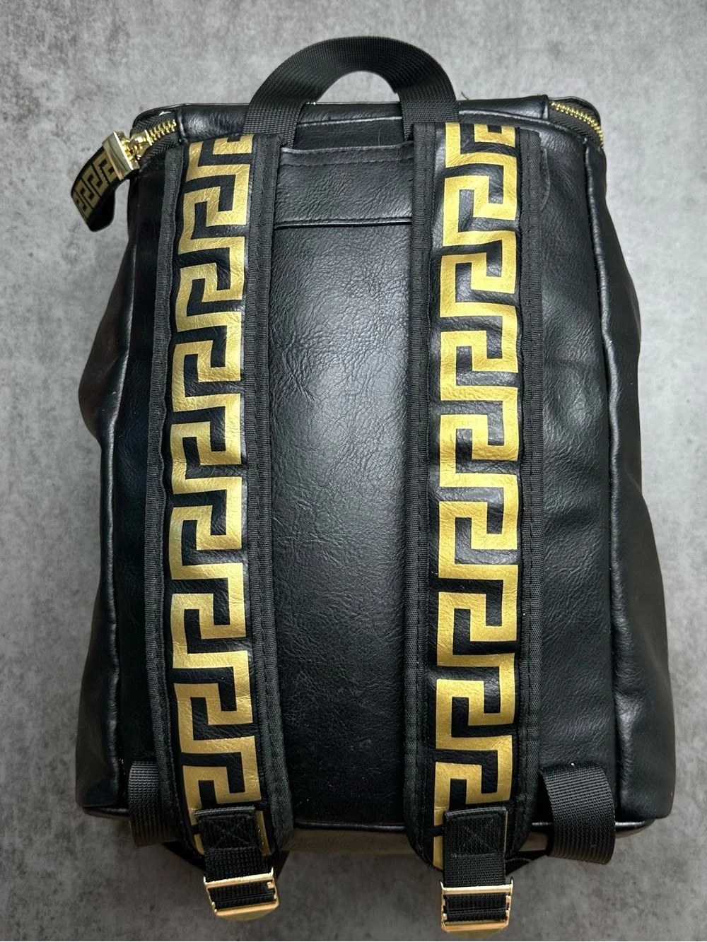 Versace Parfums Black Faux Leather Backpack Gold Medusa Greek Key